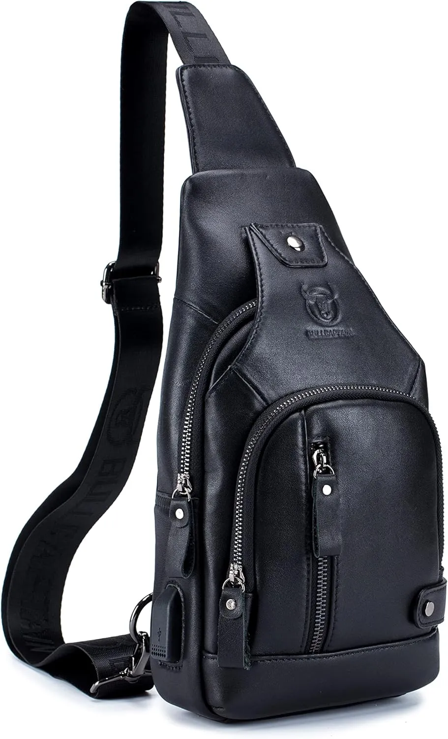Men's Genuine Leather Sling Bag, Crossbody Shoulder Bag Chest Bag Casual Travel Hiking Sling Backpack with USB Charge Port