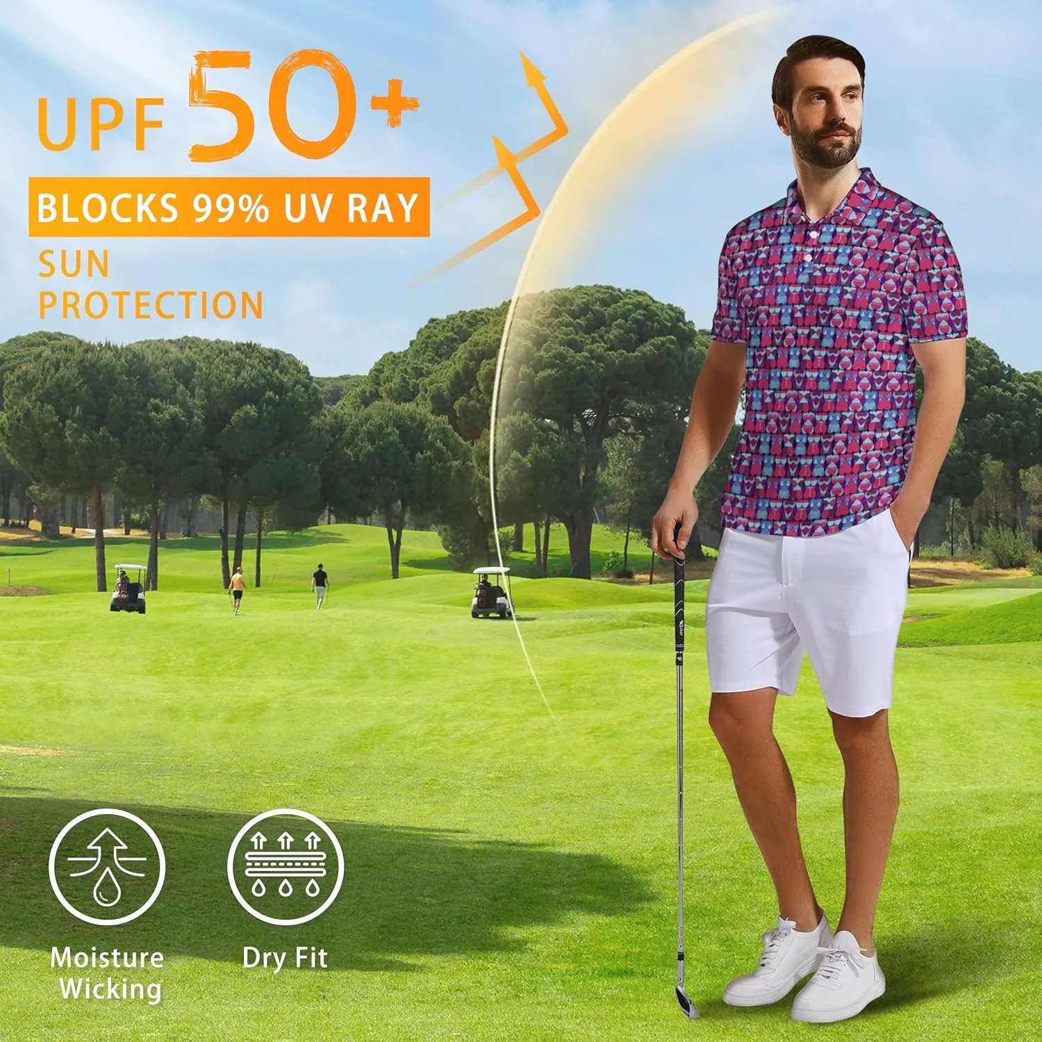 Men’s Golf Polo Shirts - Hawaiian Print Golf Shirt for Men Quick-Dry Moisture Wicking Casual Breathable Polo Shirt