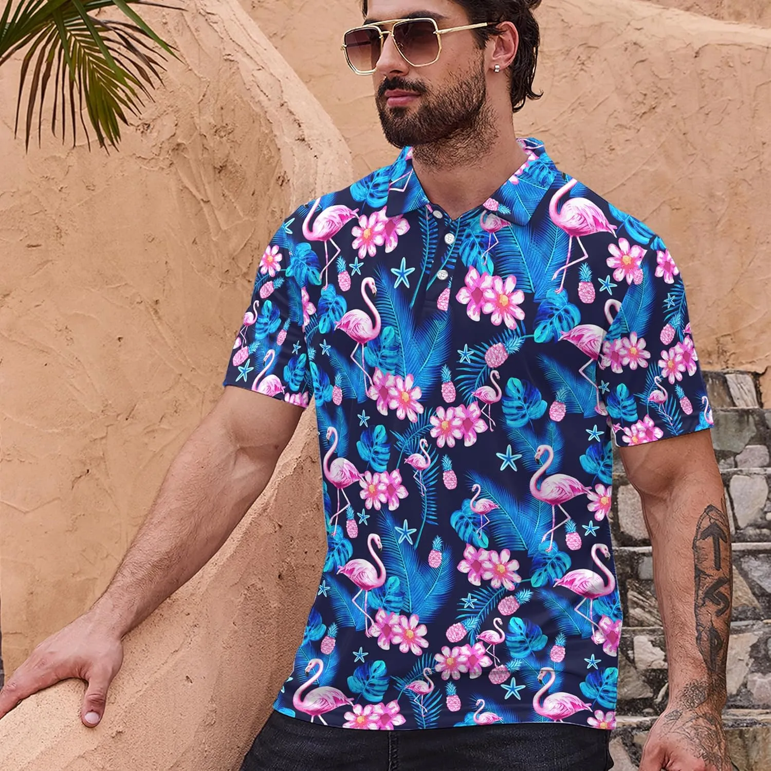 Men’s Golf Polo Shirts - Hawaiian Print Golf Shirt for Men Quick-Dry Moisture Wicking Casual Breathable Polo Shirt