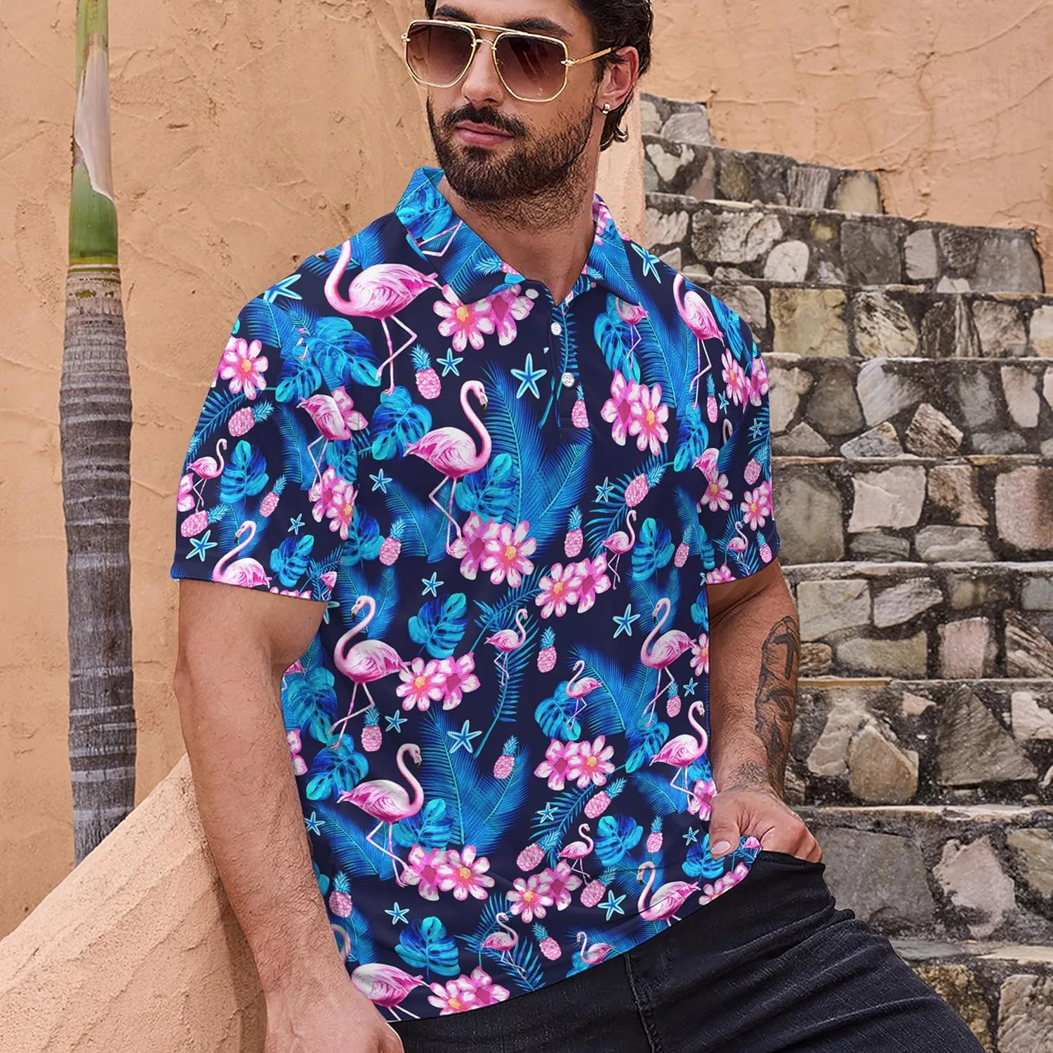 Men’s Golf Polo Shirts - Hawaiian Print Golf Shirt for Men Quick-Dry Moisture Wicking Casual Breathable Polo Shirt