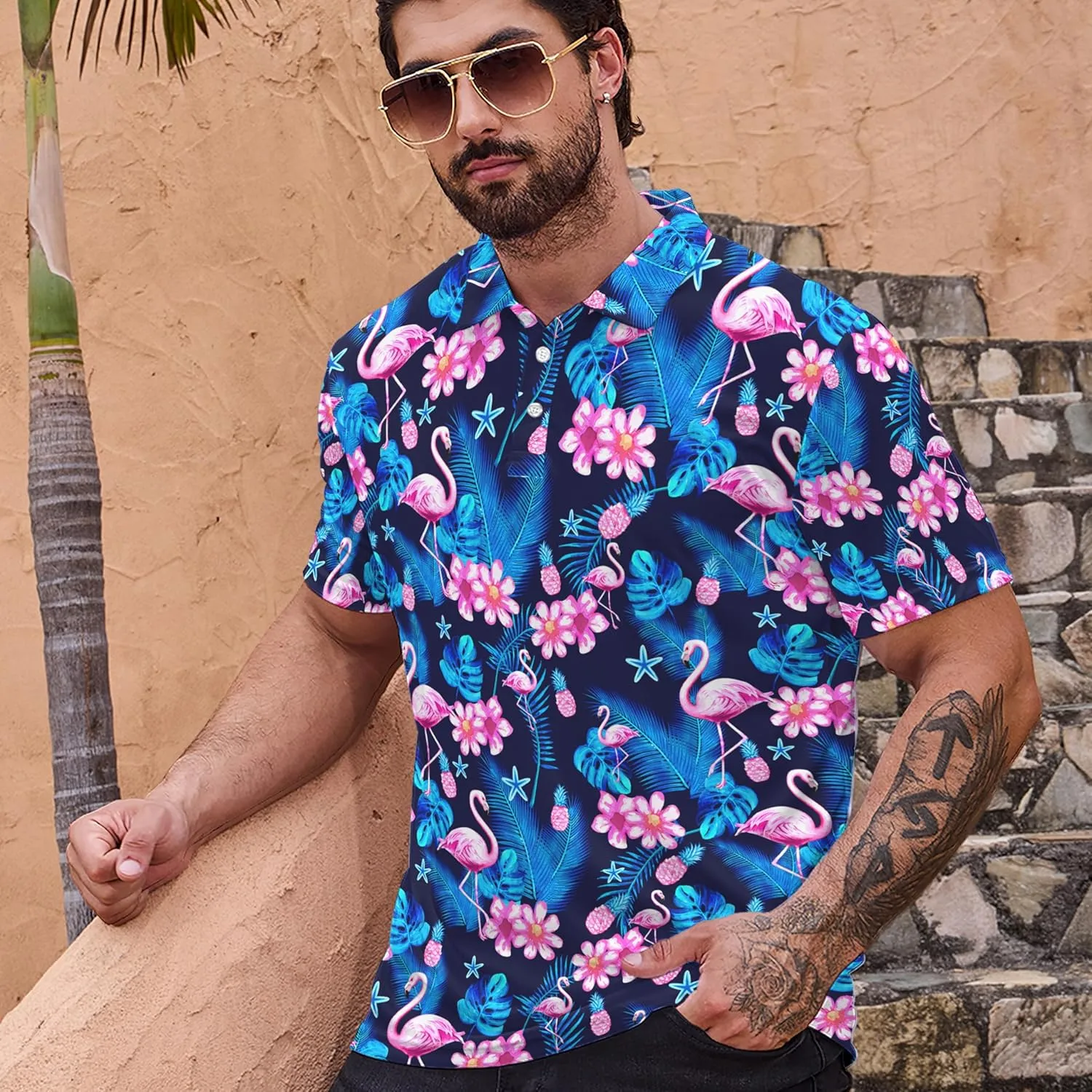Men’s Golf Polo Shirts - Hawaiian Print Golf Shirt for Men Quick-Dry Moisture Wicking Casual Breathable Polo Shirt