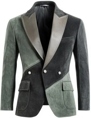 Men's Green/Grey Suede Leather Blazer - Modern Style Double-Breasted Jacket
