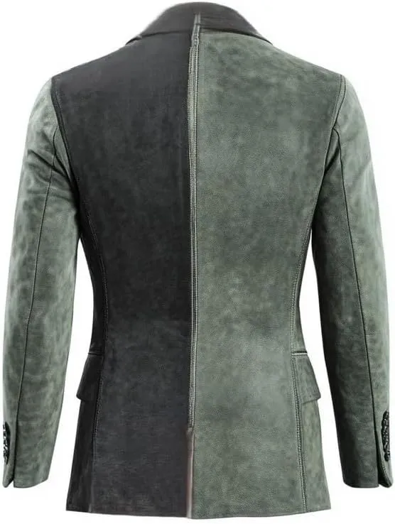 Men's Green/Grey Suede Leather Blazer - Modern Style Double-Breasted Jacket