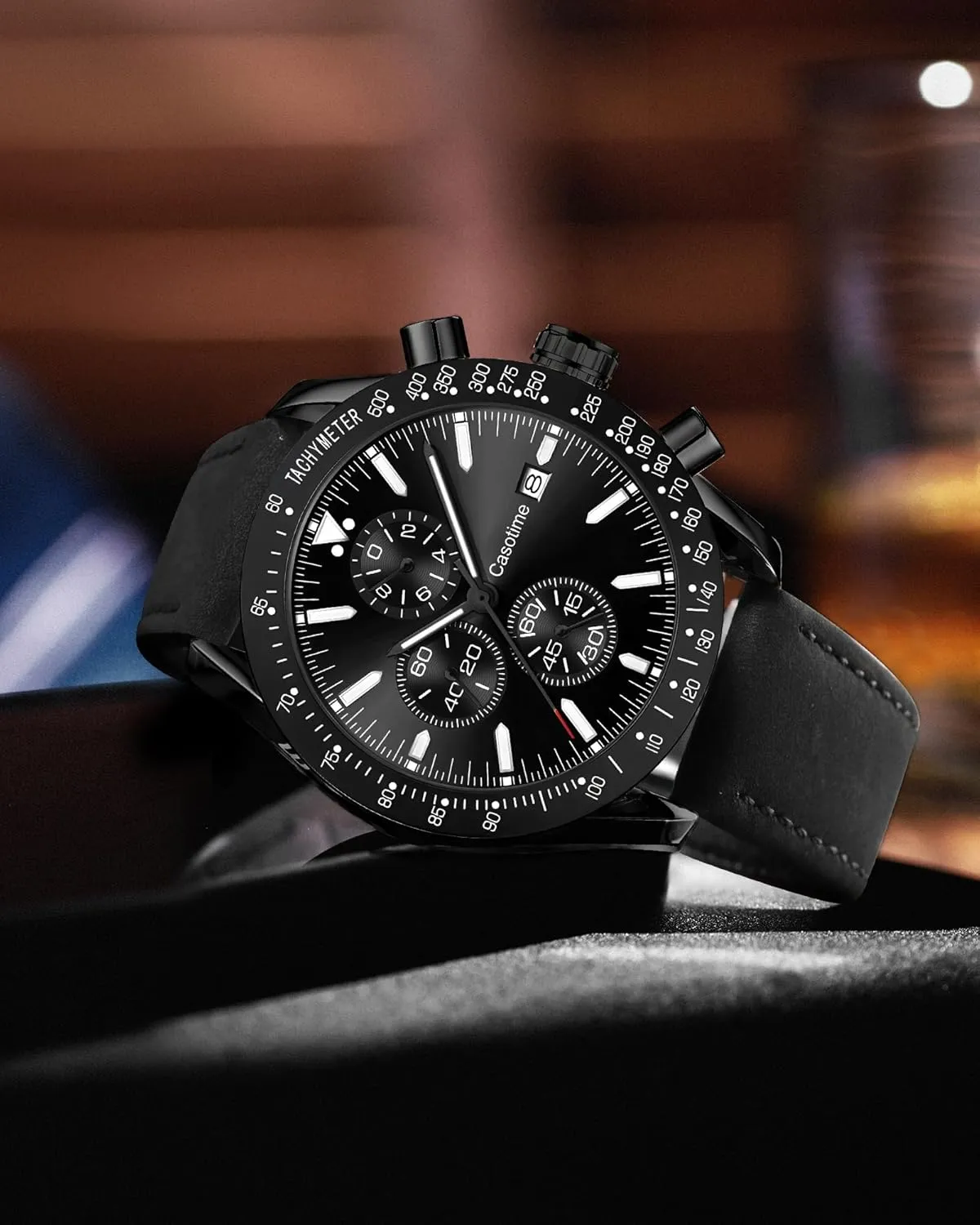Men's Leather Band Chronograph Watch - 30M Waterproof Big Face Analog Quartz Date - Work Sport Casual Classical Fashion Designer Dress Wrist Watch - Elegant Gift for Men