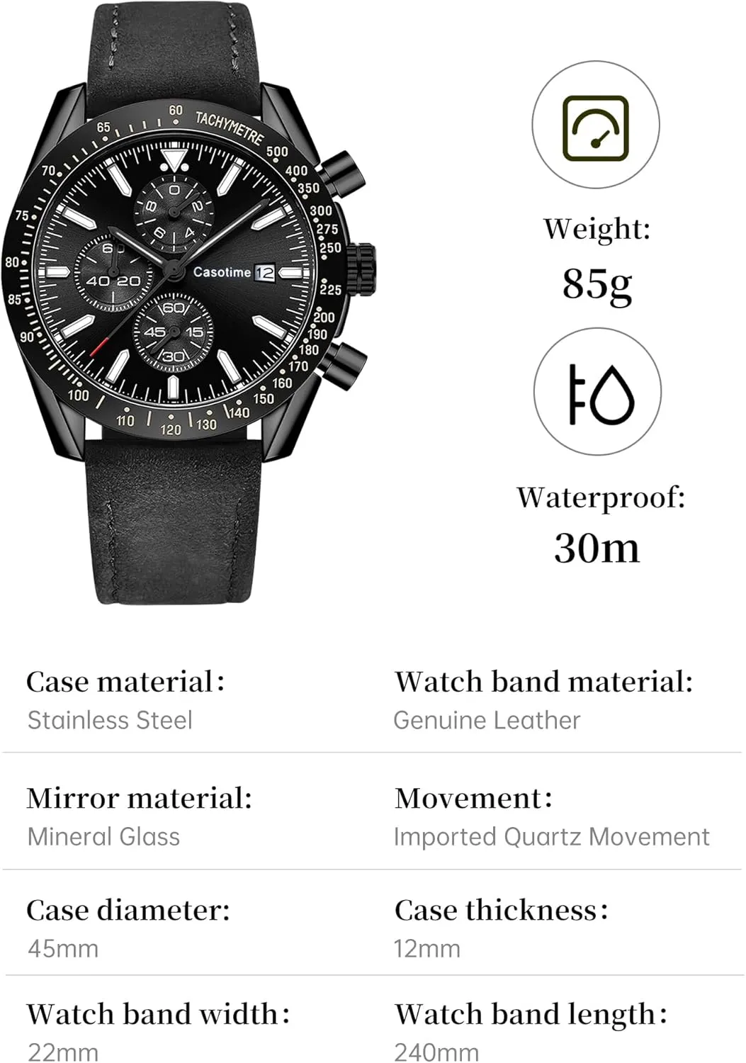 Men's Leather Band Chronograph Watch - 30M Waterproof Big Face Analog Quartz Date - Work Sport Casual Classical Fashion Designer Dress Wrist Watch - Elegant Gift for Men