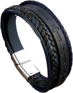 Mens Leather Cross Bracelet Multi-Layer Braided Faith Bracelet Religious Wristband Father's Day 8.5" Memory Bangle with Stainless Steel Buckle
