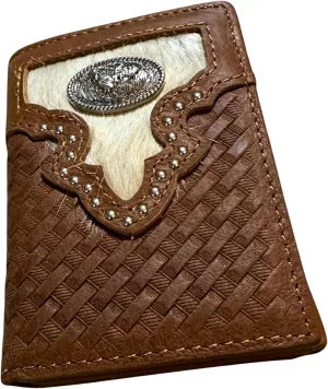 Mens Leather Tri Fold Wallet Basketweave Custom Cowboy Concho Cowhair Cowboy Western Leather Wallet High End Mens Wallets Leather Bull Rider Rodeo Gifts For Men (Rooster, Brown)