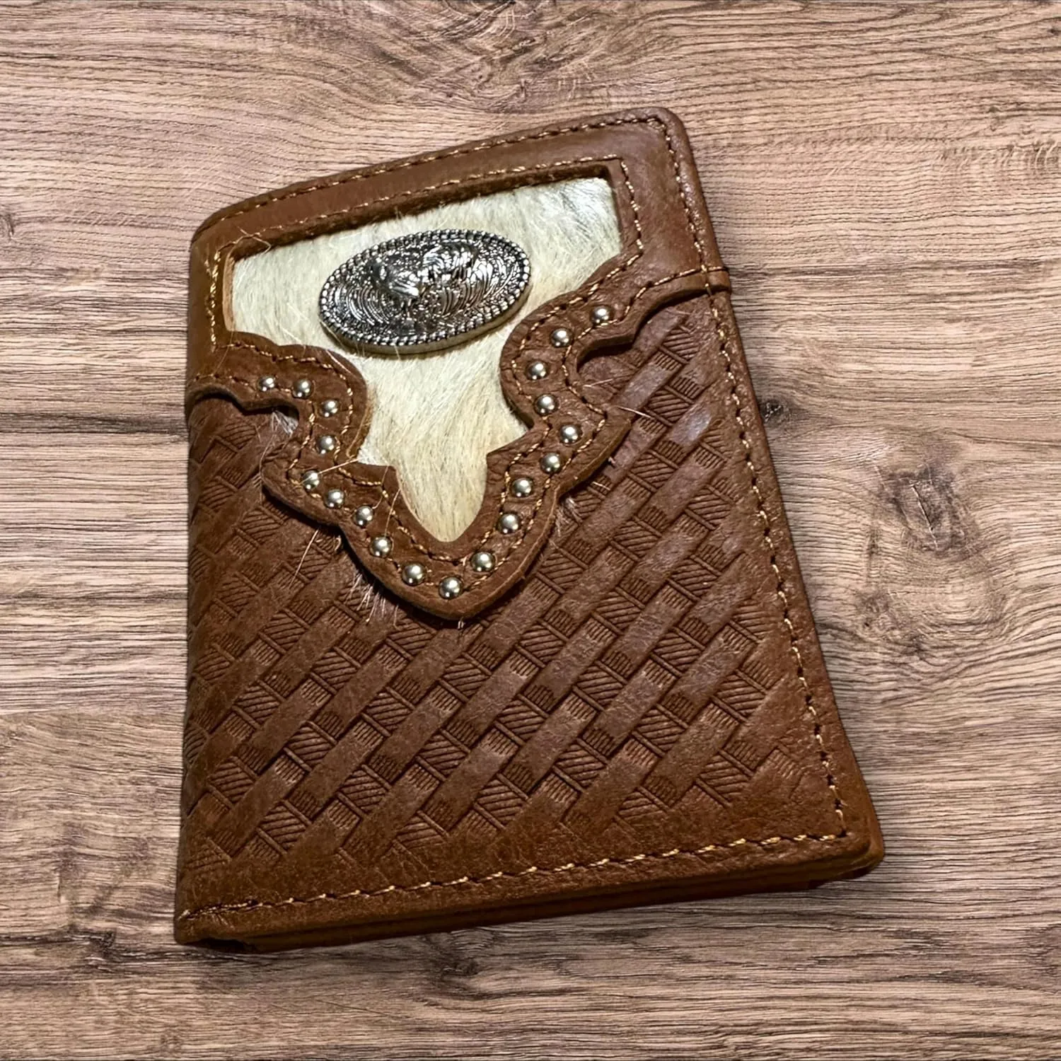 Mens Leather Tri Fold Wallet Basketweave Custom Cowboy Concho Cowhair Cowboy Western Leather Wallet High End Mens Wallets Leather Bull Rider Rodeo Gifts For Men (Rooster, Brown)