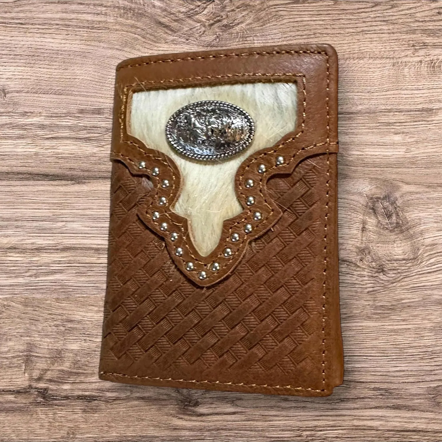 Mens Leather Tri Fold Wallet Basketweave Custom Cowboy Concho Cowhair Cowboy Western Leather Wallet High End Mens Wallets Leather Bull Rider Rodeo Gifts For Men (Rooster, Brown)
