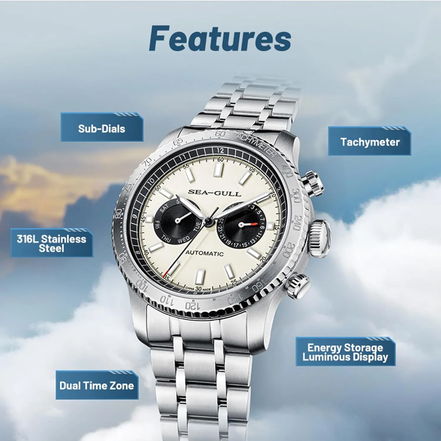Men’s Mechanical Watches,GMT Dual Calendar Panda Eye Watch,Automatic Wristwatch, Seagull ST2502,Tachymeter, Luminous, 6177