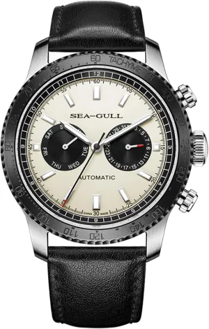 Men’s Mechanical Watches,GMT Dual Calendar Panda Eye Watch,Automatic Wristwatch, Seagull ST2502,Tachymeter, Luminous, 6177