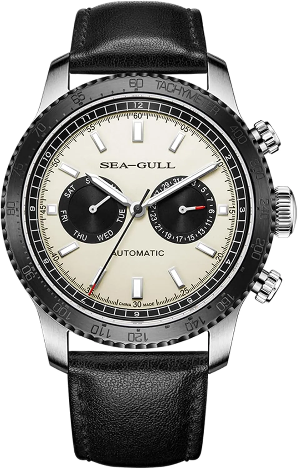 Men’s Mechanical Watches,GMT Dual Calendar Panda Eye Watch,Automatic Wristwatch, Seagull ST2502,Tachymeter, Luminous, 6177