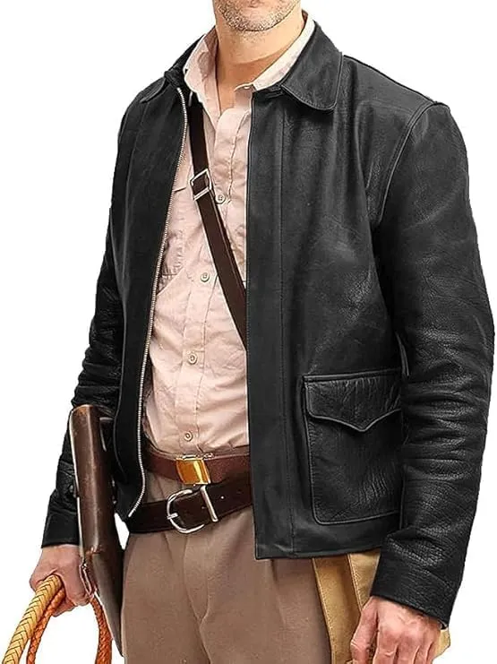 Men's Raiders of The Lost Harrison Jones Vintage Black Brown Bomber Leather Jacket Genuine Cowhide Distressed Leather Jacket (US, Alpha, Medium, Regular, Regular, Black)