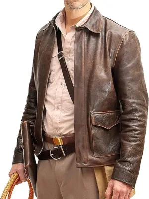 Men's Raiders of The Lost Harrison Jones Vintage Black Brown Bomber Leather Jacket Genuine Cowhide Distressed Leather Jacket (US, Alpha, Medium, Regular, Regular, Distressed Brown)