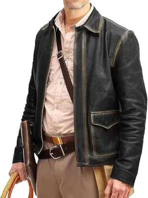 Men's Raiders of The Lost Harrison Jones Vintage Black Brown Bomber Leather Jacket Genuine Cowhide Distressed Leather Jacket (US, Alpha, X-Small, Regular, Regular, Distressed Black)