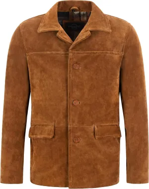 Men’s Real Cow Suede Leather Box Button Fashion Coat Tan Classic Collar Jacket 7742, Tan, X-Large