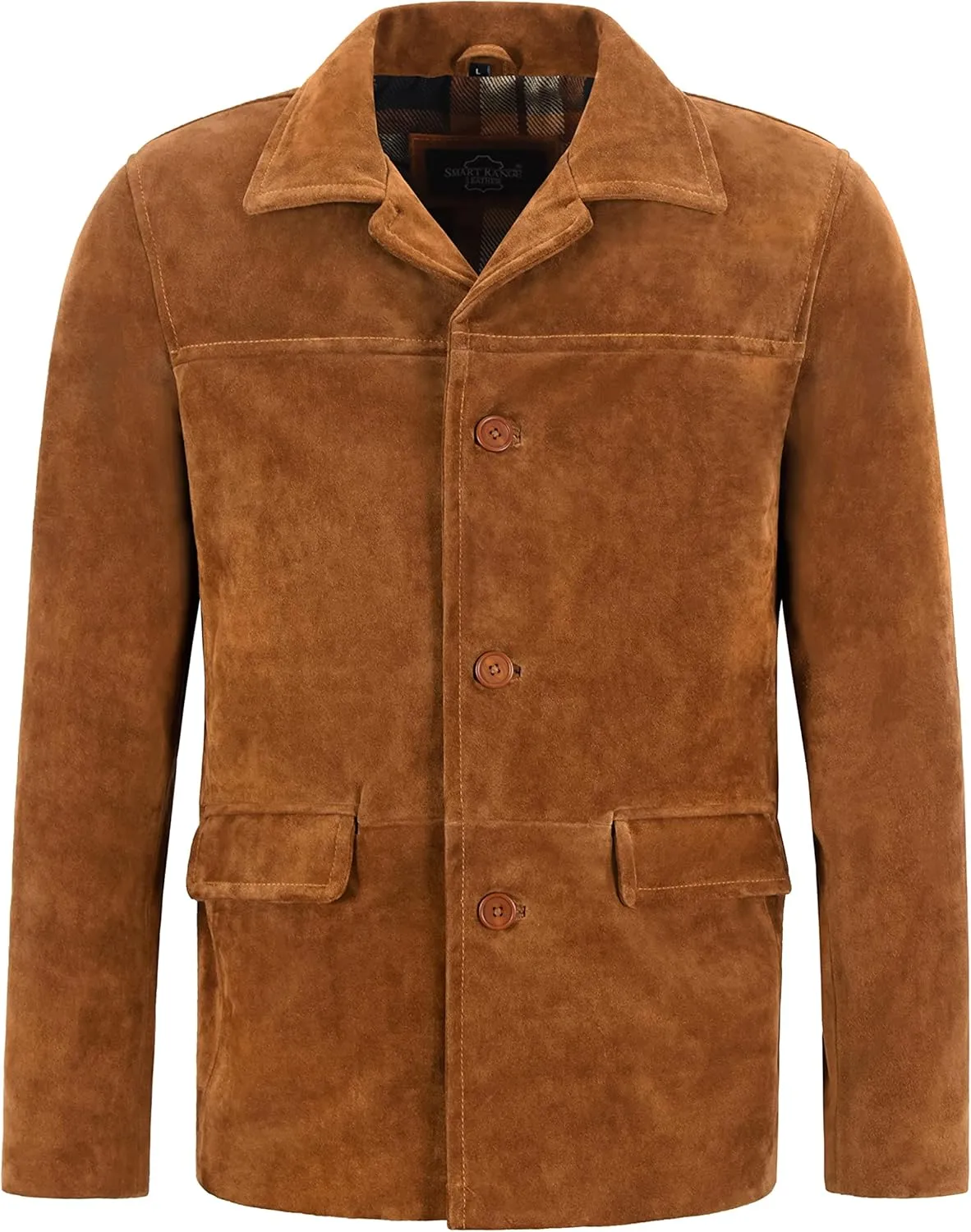 Men’s Real Cow Suede Leather Box Button Fashion Coat Tan Classic Collar Jacket 7742, Tan, X-Large