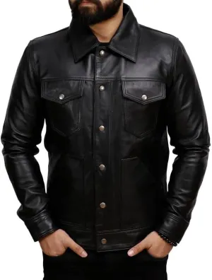 Men's Real Lambskin Trucker Leather Jacket - Classic Vintage Western Style Shirt Collar Leather Jackets Men