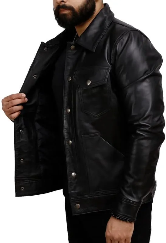 Men's Real Lambskin Trucker Leather Jacket - Classic Vintage Western Style Shirt Collar Leather Jackets Men