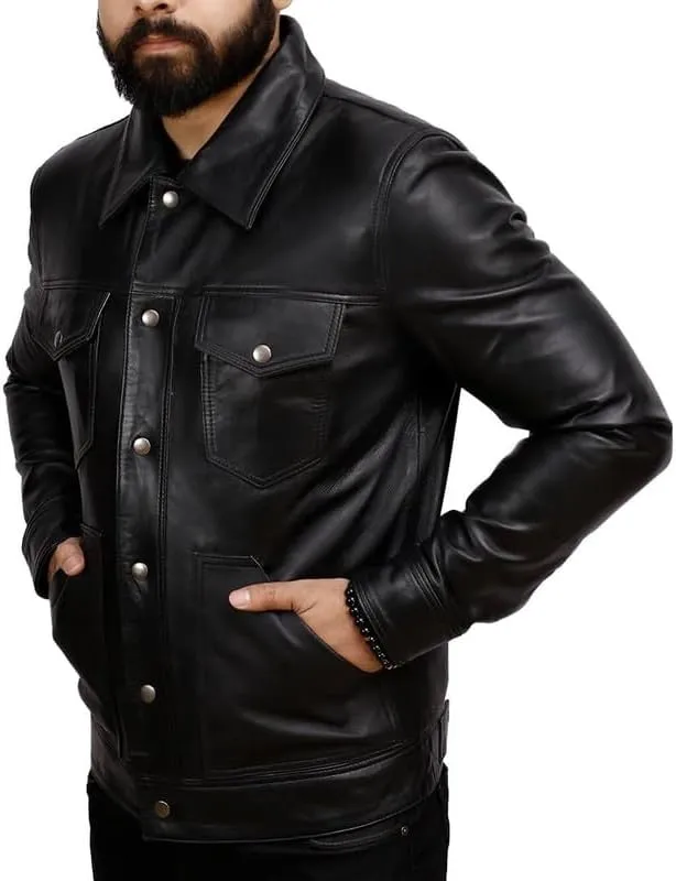 Men's Real Lambskin Trucker Leather Jacket - Classic Vintage Western Style Shirt Collar Leather Jackets Men
