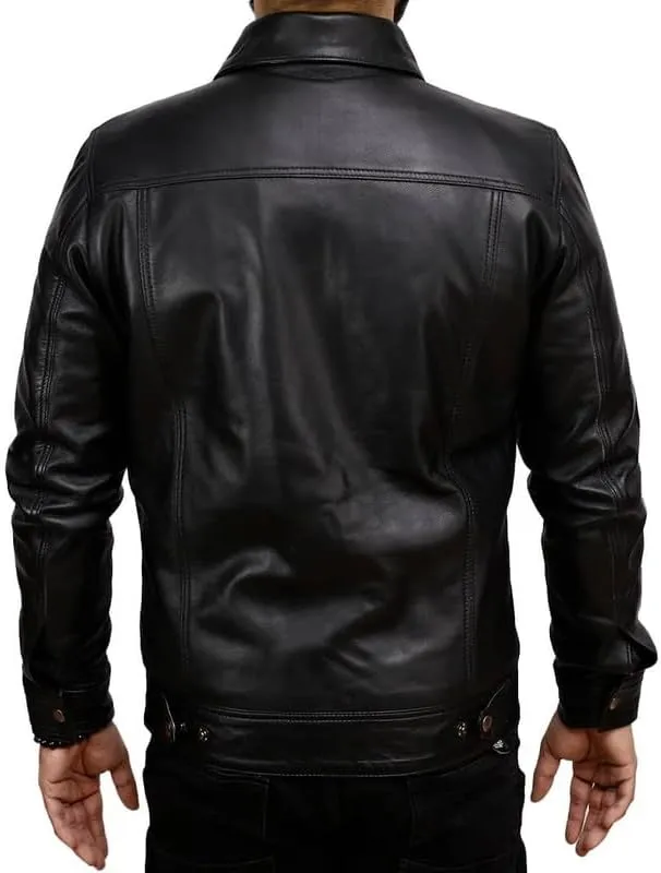 Men's Real Lambskin Trucker Leather Jacket - Classic Vintage Western Style Shirt Collar Leather Jackets Men