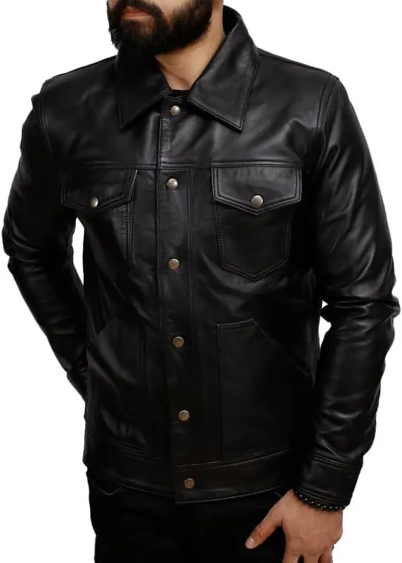 Men's Real Lambskin Trucker Leather Jacket - Classic Vintage Western Style Shirt Collar Leather Jackets Men