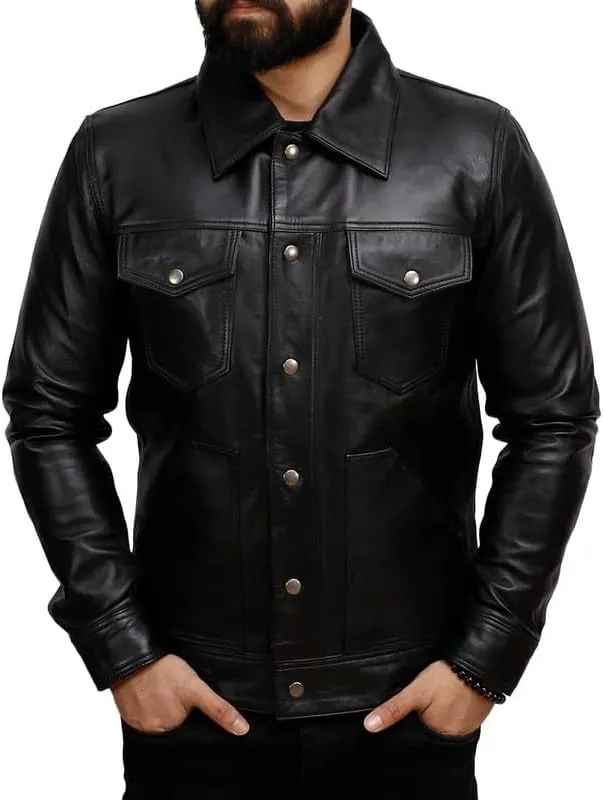 Men's Real Lambskin Trucker Leather Jacket - Classic Vintage Western Style Shirt Collar Leather Jackets Men