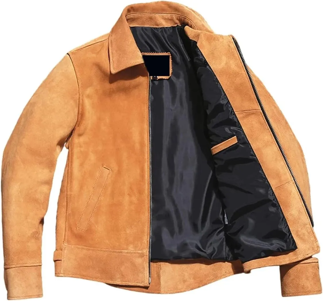 Men's Vintage Brown Suede Trucker Jacket with Turn-Down Collar – Retro Style Moto Biker Leather Jacket for a classic look.