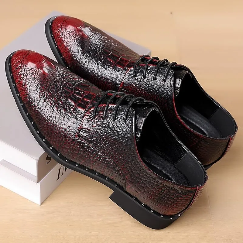 Men's Vintage Crocodile Print Strap Slip On Dress Shoes Classic Round Toe Lace Up Lug Sole Soft Bottom Business Work Oxfords Shoes