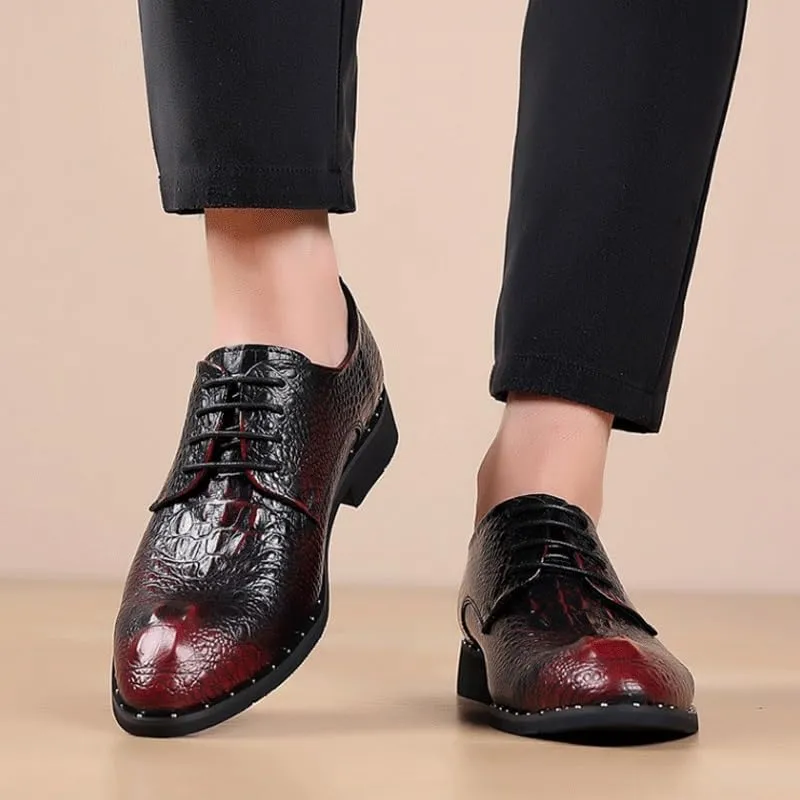 Men's Vintage Crocodile Print Strap Slip On Dress Shoes Classic Round Toe Lace Up Lug Sole Soft Bottom Business Work Oxfords Shoes