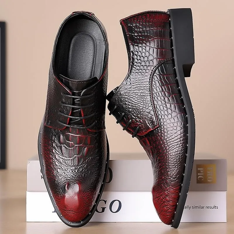 Men's Vintage Crocodile Print Strap Slip On Dress Shoes Classic Round Toe Lace Up Lug Sole Soft Bottom Business Work Oxfords Shoes