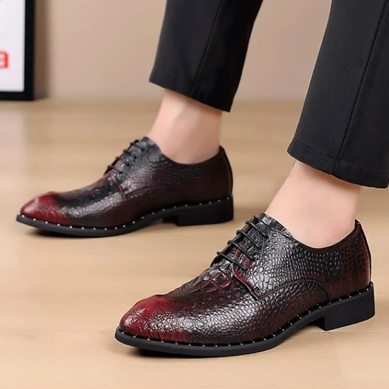 Men's Vintage Crocodile Print Strap Slip On Dress Shoes Classic Round Toe Lace Up Lug Sole Soft Bottom Business Work Oxfords Shoes