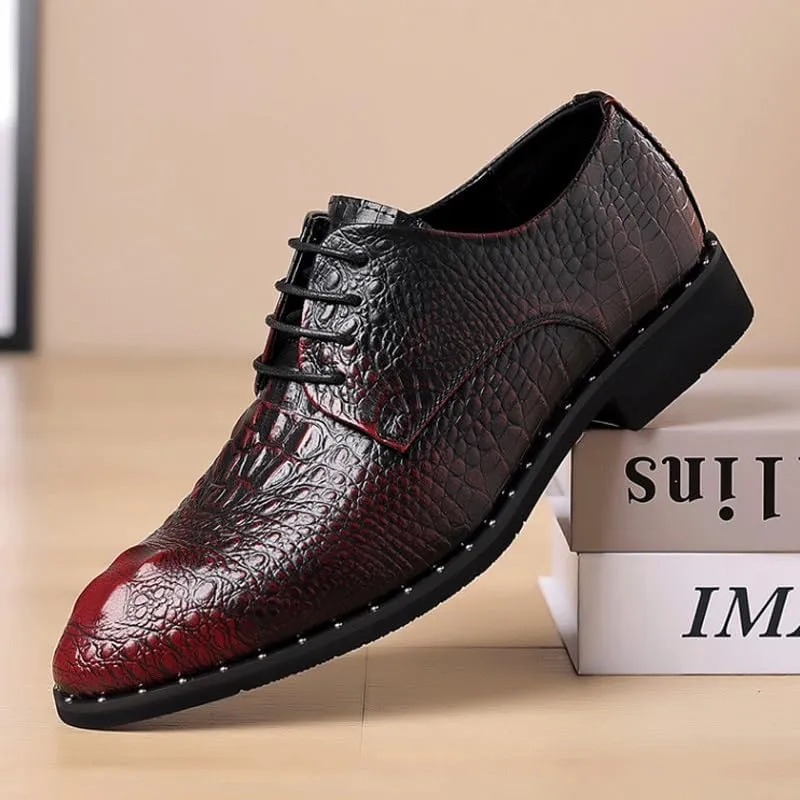 Men's Vintage Crocodile Print Strap Slip On Dress Shoes Classic Round Toe Lace Up Lug Sole Soft Bottom Business Work Oxfords Shoes