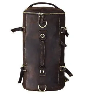 Mens Vintage Genuine Leather Cylindrical Backpack
