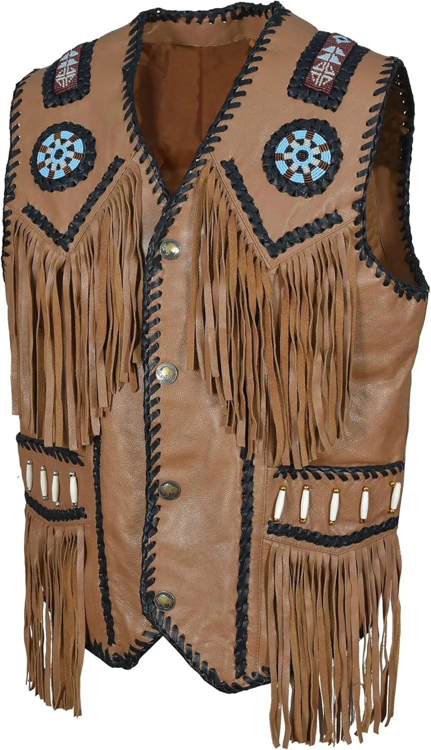Men’s Western Cowhide Suede & Leather Vest – Beaded Fringe Yoke & Back Native-Inspired Cowboy Biker Vest