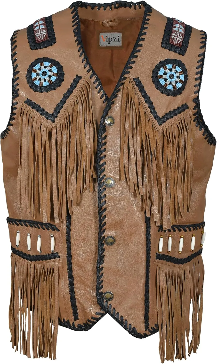 Men’s Western Cowhide Suede & Leather Vest – Beaded Fringe Yoke & Back Native-Inspired Cowboy Biker Vest