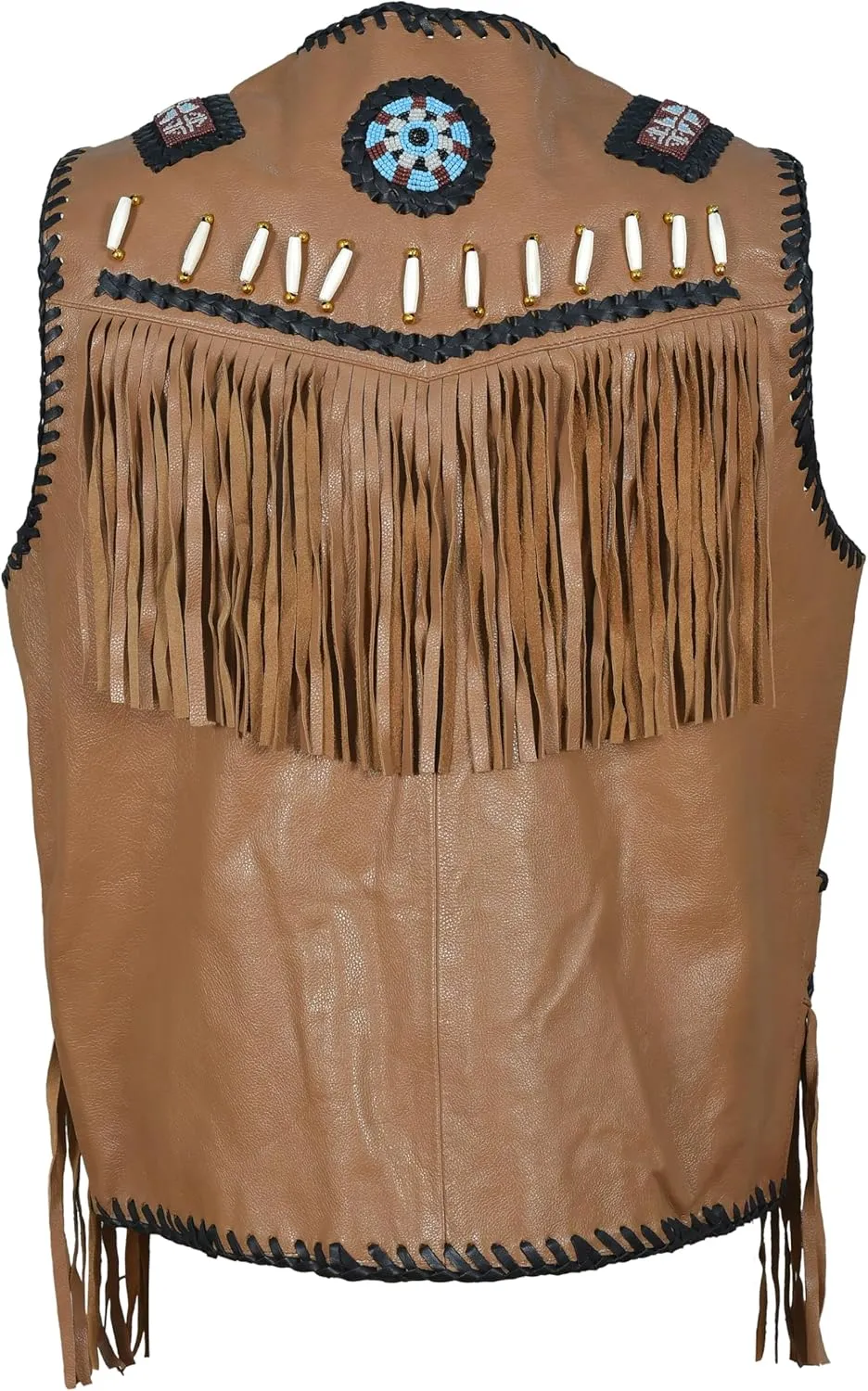 Men’s Western Cowhide Suede & Leather Vest – Beaded Fringe Yoke & Back Native-Inspired Cowboy Biker Vest