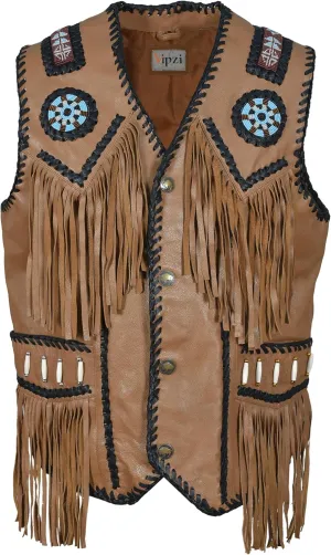 Men’s Western Cowhide Suede & Leather Vest – Beaded Fringe Yoke & Back Native-Inspired Cowboy Biker Vest