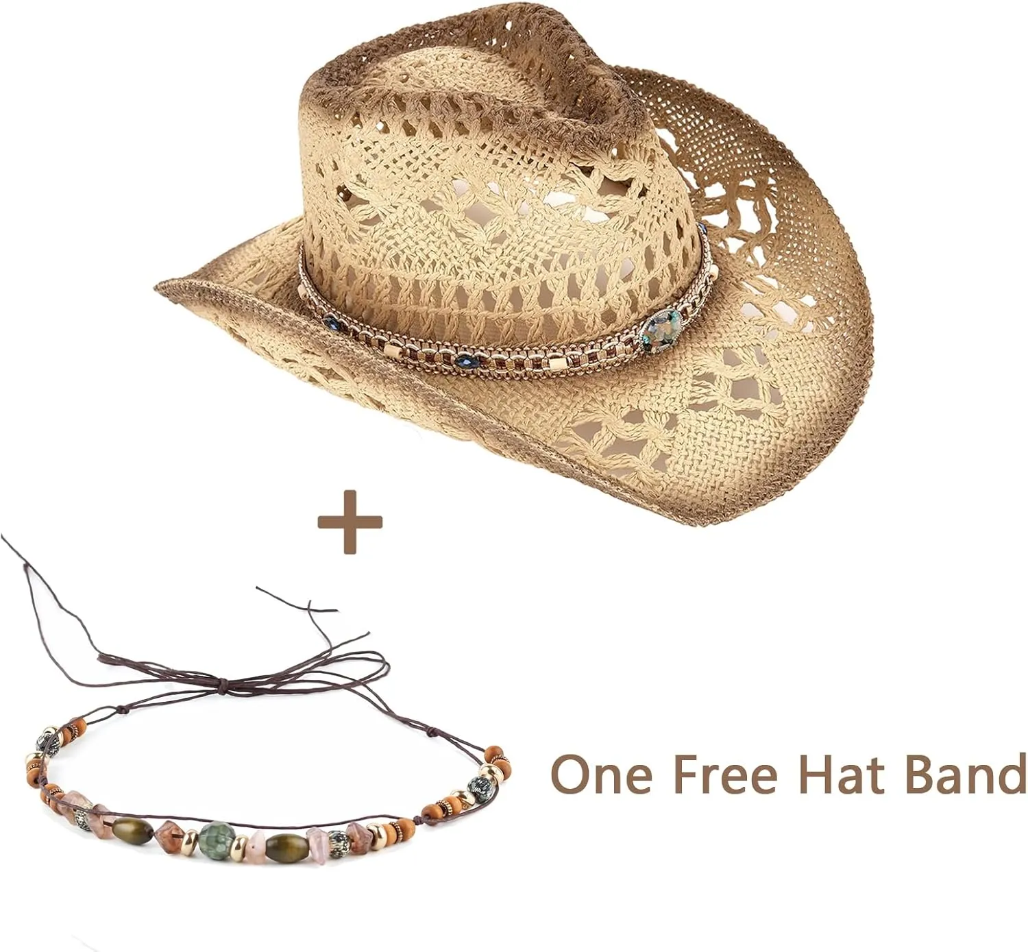 Men's Women's Straw Cowboy Hat Cowgirl Woven Sun Hat Western Cowboy Hat Two Decorative Bands