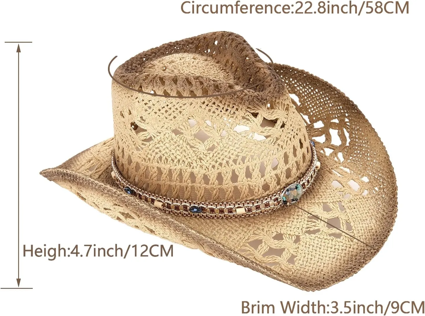 Men's Women's Straw Cowboy Hat Cowgirl Woven Sun Hat Western Cowboy Hat Two Decorative Bands