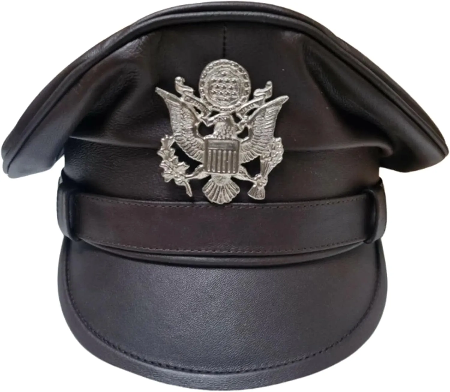 Military Style Leather Peak Cap, Dark Brown with Eagle Emblem, Police Officer Dress Hat