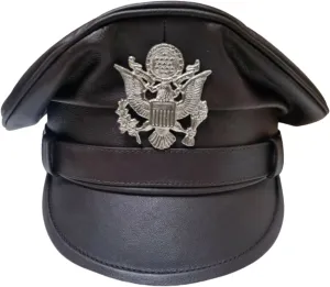 Military Style Leather Peak Cap, Dark Brown with Eagle Emblem, Police Officer Dress Hat