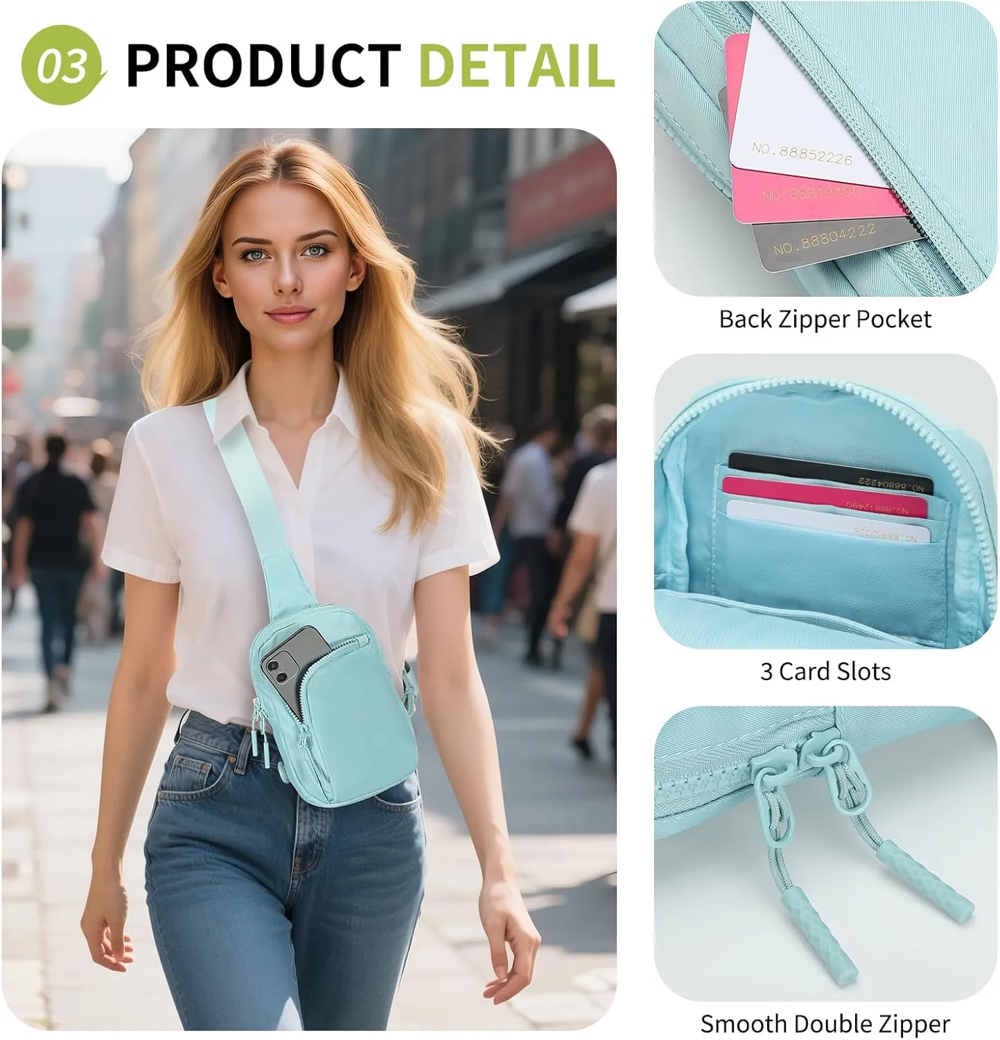Mini Sling Bag for Men Women, 7.5 Inch Small Anti Theft Crossbody Reversible Nylon Chest Bag Fanny Pack for Travel Running Hiking (Blue)