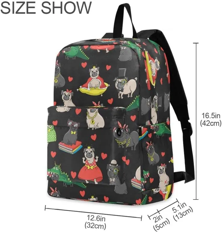 MNSRUU Student Backpack for School Funny Pug Dog Laptop Backpack Aesthetic School Bookbags Casual Daypack Backpack Fits 15.6 Inch Laptop