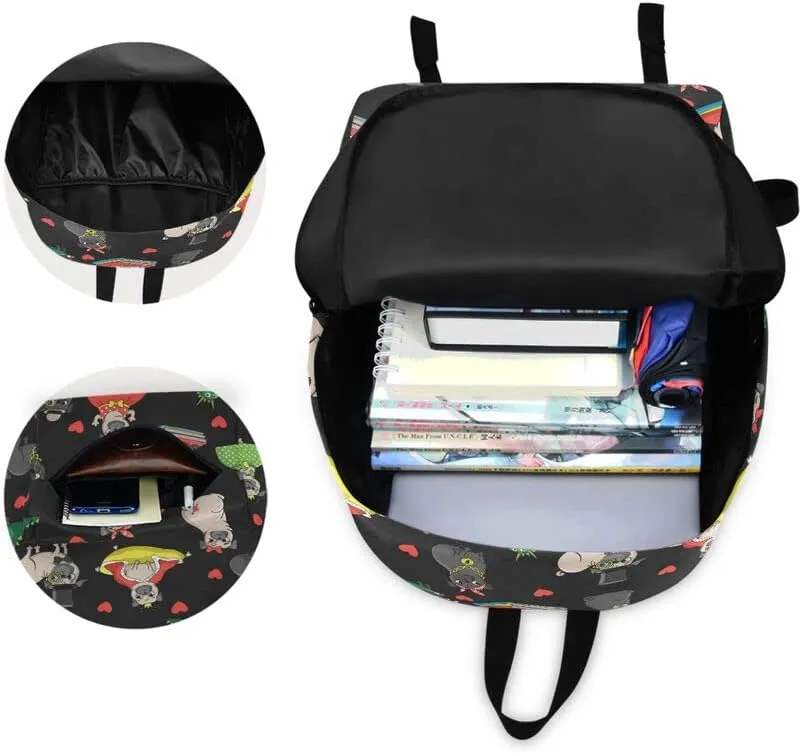 MNSRUU Student Backpack for School Funny Pug Dog Laptop Backpack Aesthetic School Bookbags Casual Daypack Backpack Fits 15.6 Inch Laptop