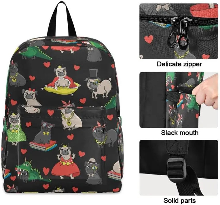 MNSRUU Student Backpack for School Funny Pug Dog Laptop Backpack Aesthetic School Bookbags Casual Daypack Backpack Fits 15.6 Inch Laptop