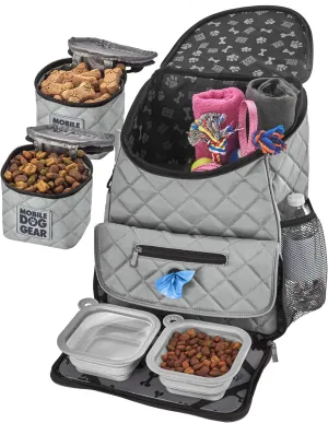 Mobile Dog Gear, Dog Travel Bag, Deluxe Quilted Weekender Backpack, Includes Lined Food Carriers and 2 Collapsible Dog Bowl, Gray