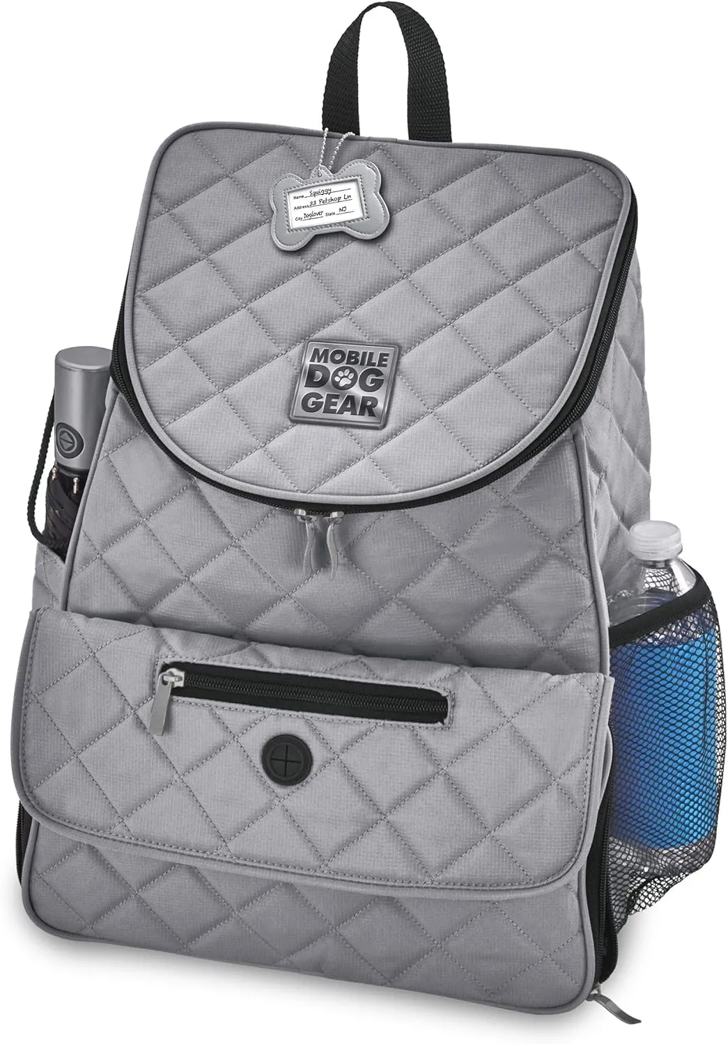 Mobile Dog Gear, Dog Travel Bag, Deluxe Quilted Weekender Backpack, Includes Lined Food Carriers and 2 Collapsible Dog Bowl, Gray
