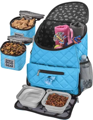 Mobile Dog Gear, Dog Travel Bag, Deluxe Quilted Weekender Backpack, Includes Lined Food Carriers and 2 Collapsible Dog Bowl, Light Blue