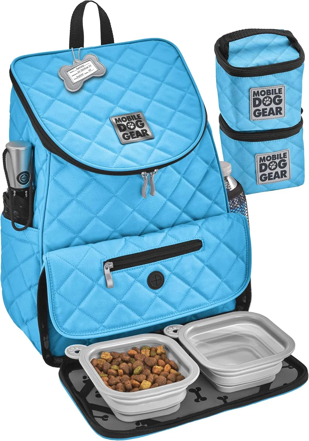 Mobile Dog Gear, Dog Travel Bag, Deluxe Quilted Weekender Backpack, Includes Lined Food Carriers and 2 Collapsible Dog Bowl, Light Blue